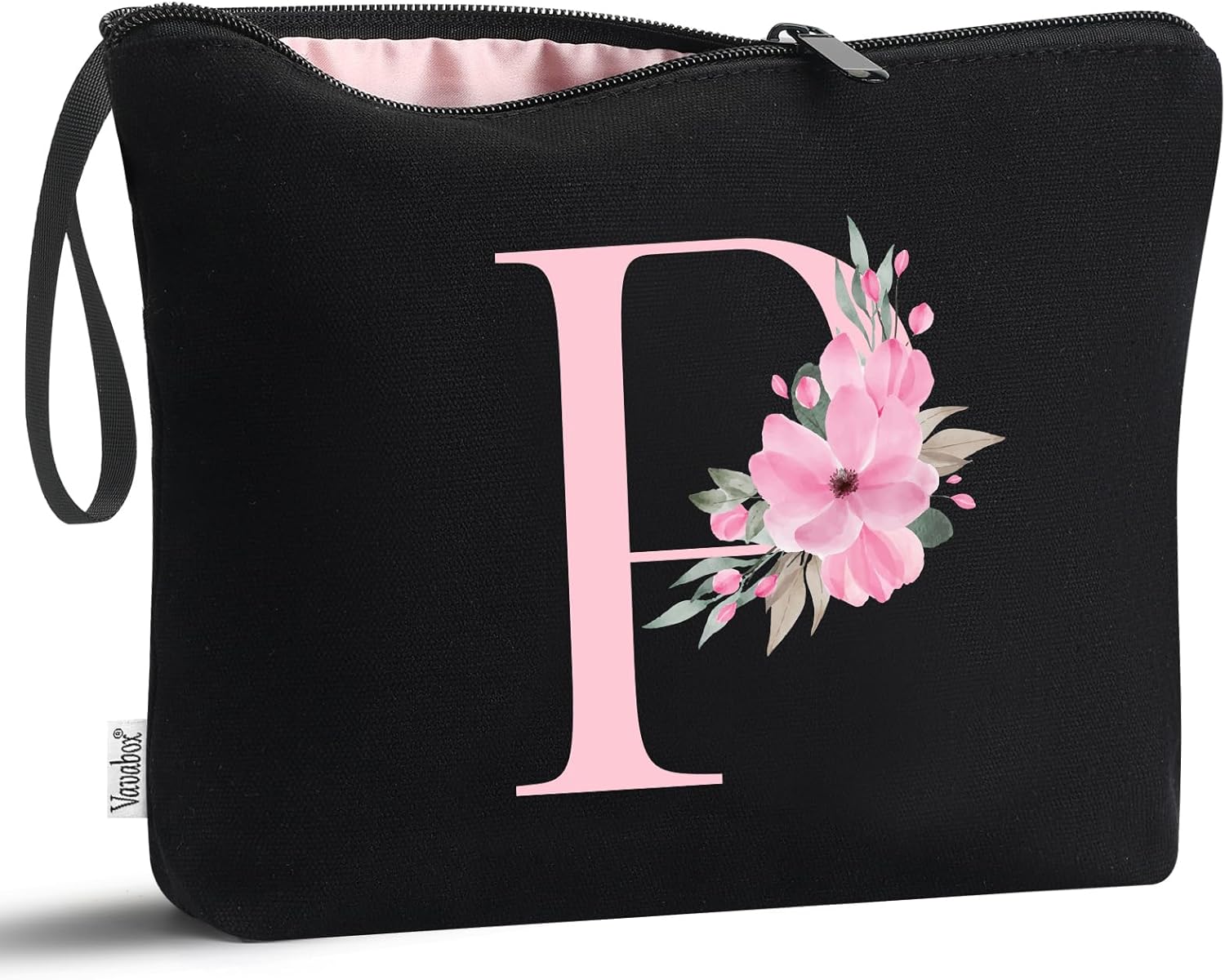 Detalle de Vavabox A-Z personalisierte Kosmetiktasche – Geschenkidee für Frauen, Mütter, beste Freundinnen und Brautjungfern (P, Schwarz)