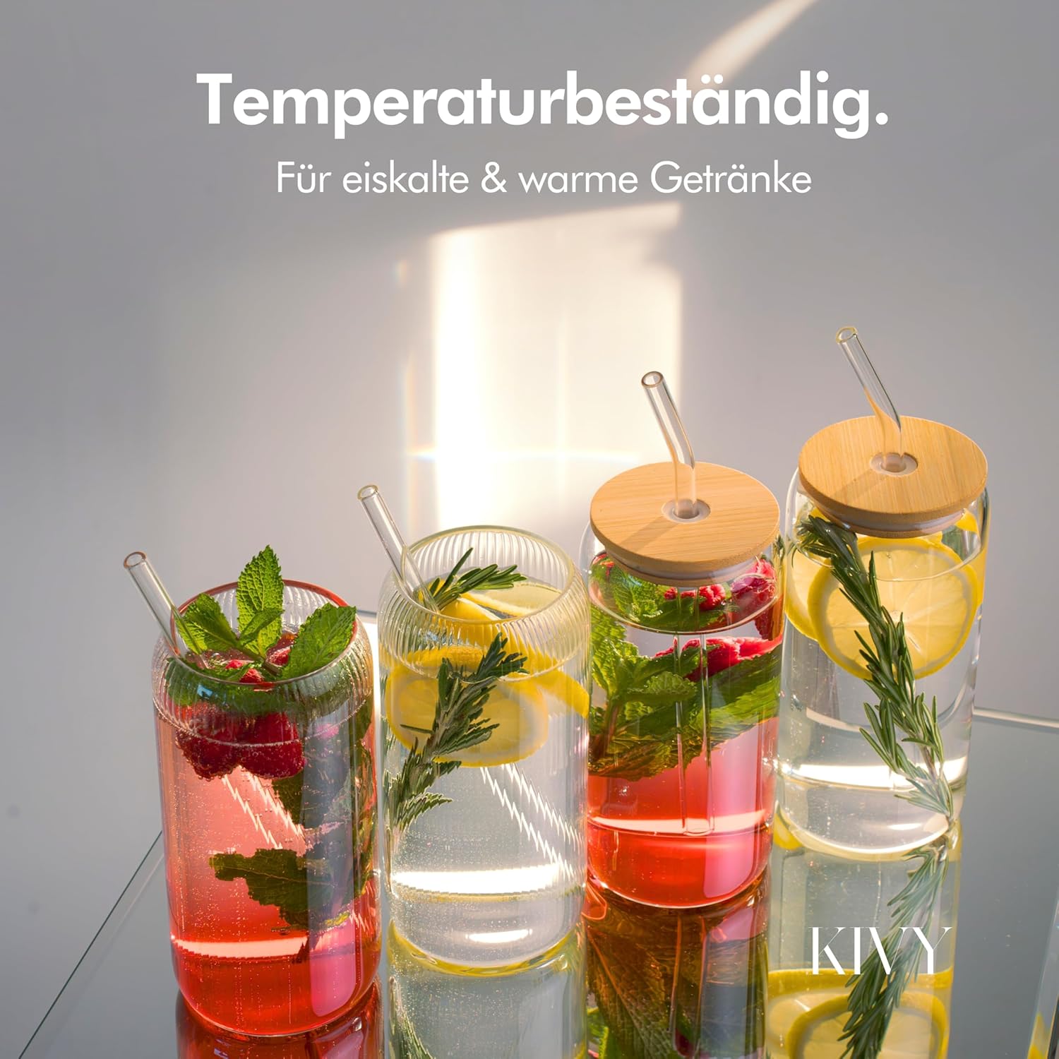Detalle 2 de KIVY Geriffelte Gläser 4er Set – 450 ml, Strohhalm, Borosilikatglas, spülmaschinenfest
