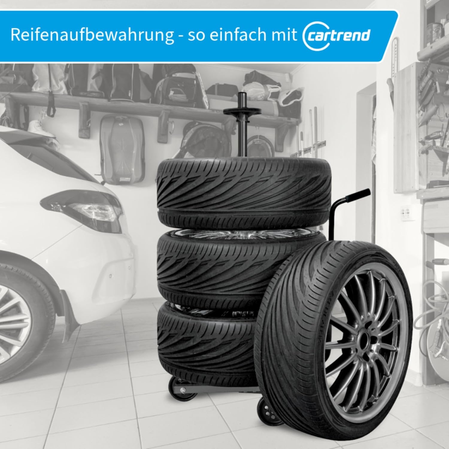 Detalle 2 de cartrend Felgenbaumwagen – fahrbar mit Reifenschutzhülle, geeignet für Felgen bis 255 mm Breite