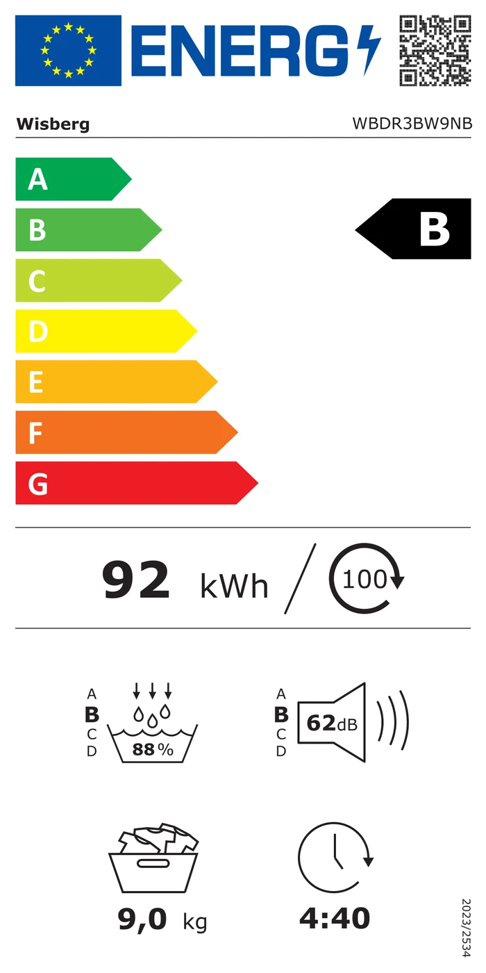 Detalle de Wisberg WBDR3BW9DE Wärmepumpentrockner – 9 kg Fassungsvermögen, Energieeffizienzklasse B