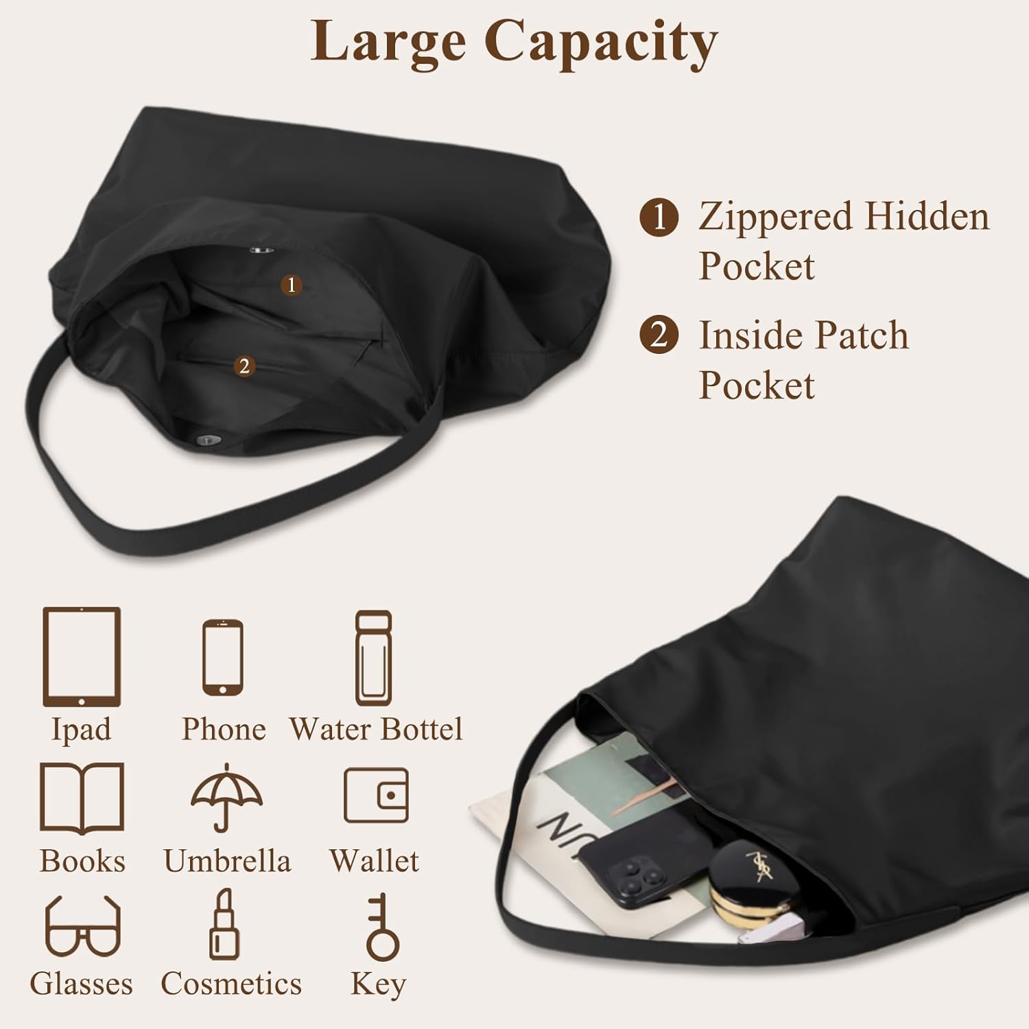 Thumbnail 4 de Gluckstar Große Damen-Umhängetasche aus Nylon – wasserdichter Shopper für Alltag, Arbeit & Reisen