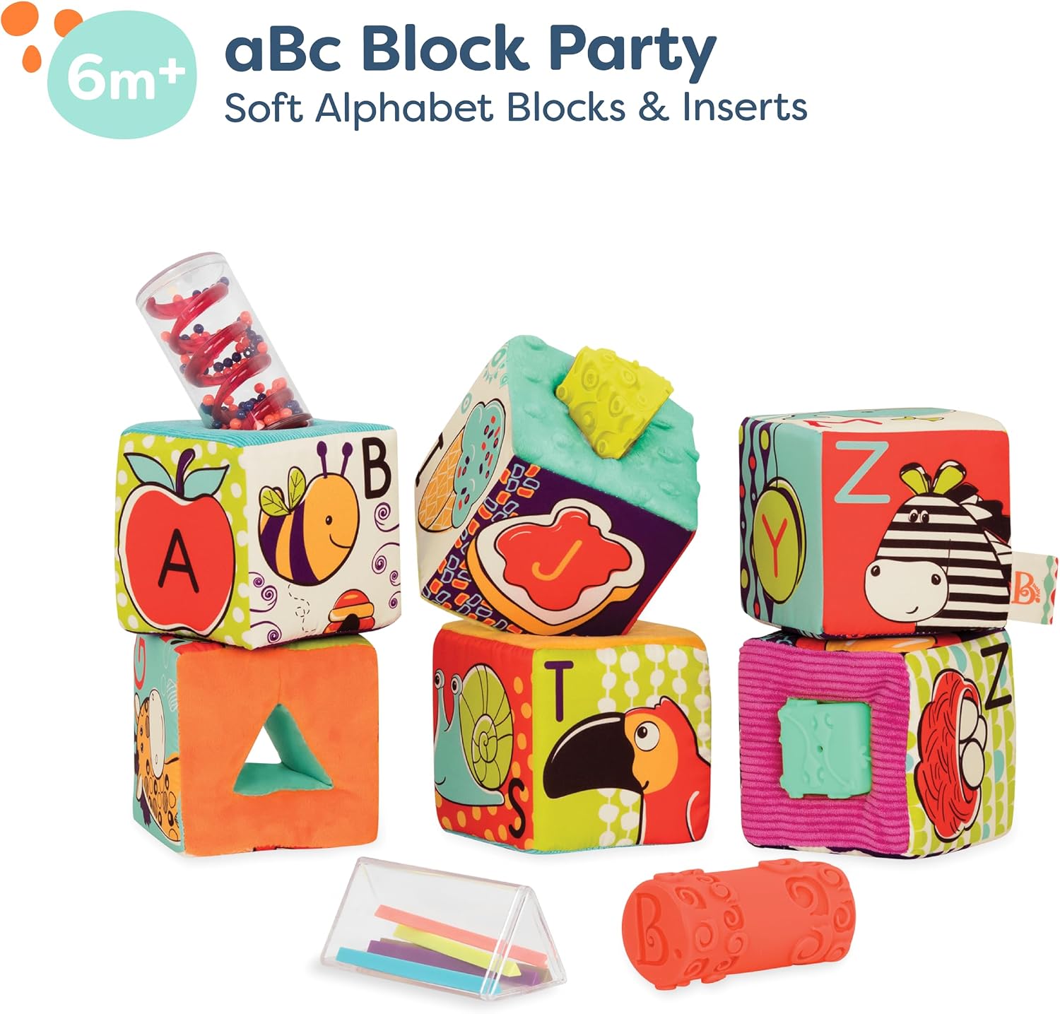 Thumbnail 6 de B. toys aBc Block Party 6pcs – miękkie klocki z wkładkami do grzechotania