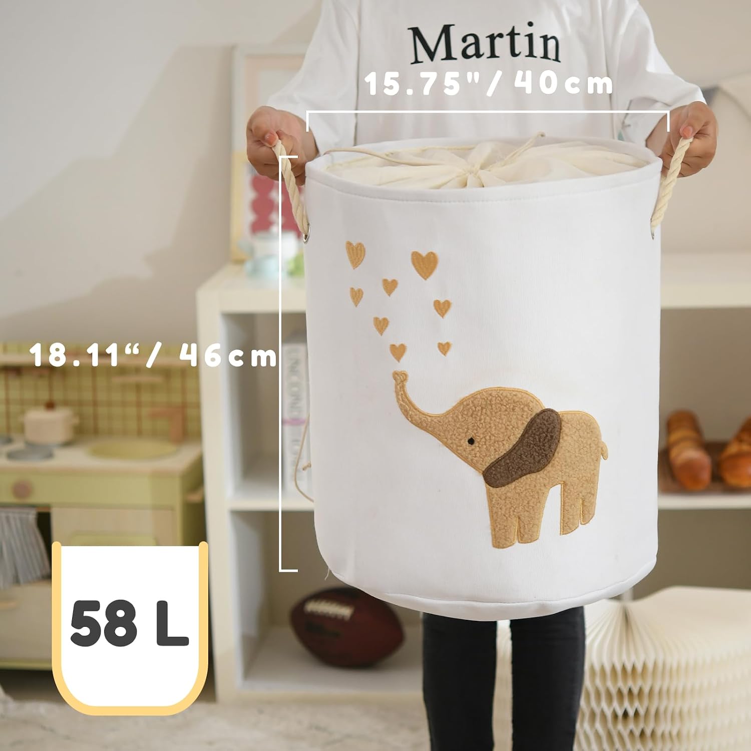 Detalle de INough Baby Laundry Basket Hamper (Canvas, 58L) with Elephant Embroidery & Drawstring Closure