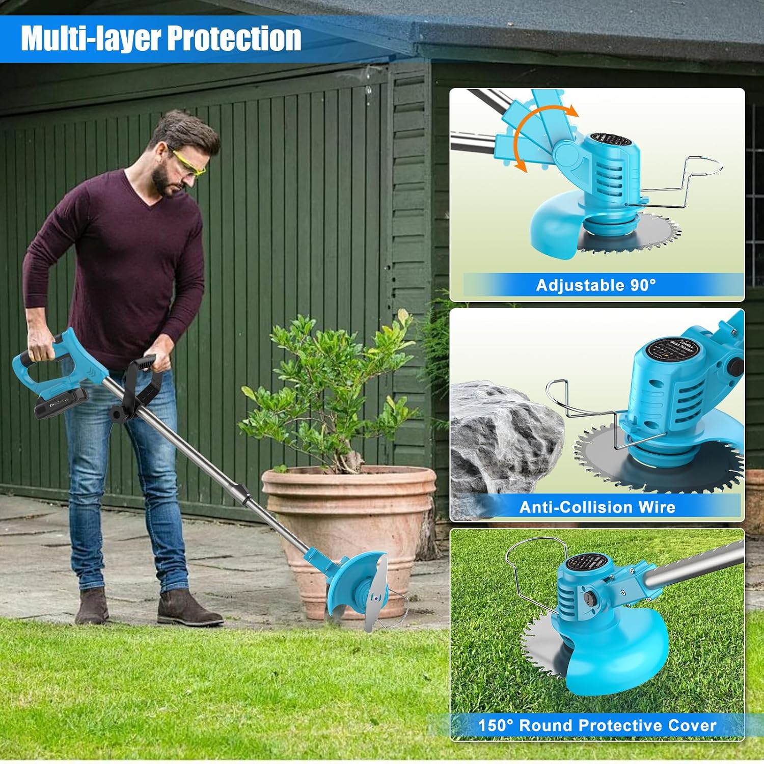 Thumbnail 5 de Cordless Strimmer 21V with 2 Batteries – Garden Trimmer with 2 Metal Blades, Pruning Shears and Adjustable Pole (Blue)