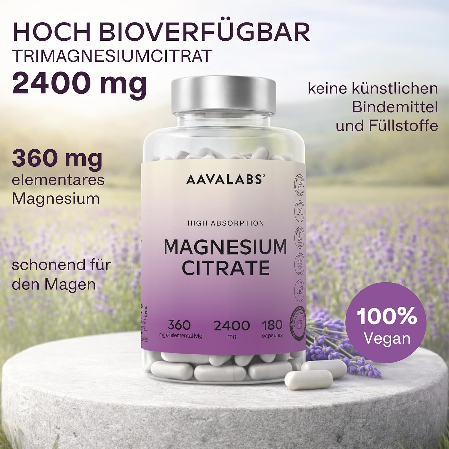 Detalle de Magnesiumcitrat Kapseln Hochdosiert 2400 mg – AAVALABS, vegan, mit hoher Bioverfügbarkeit
