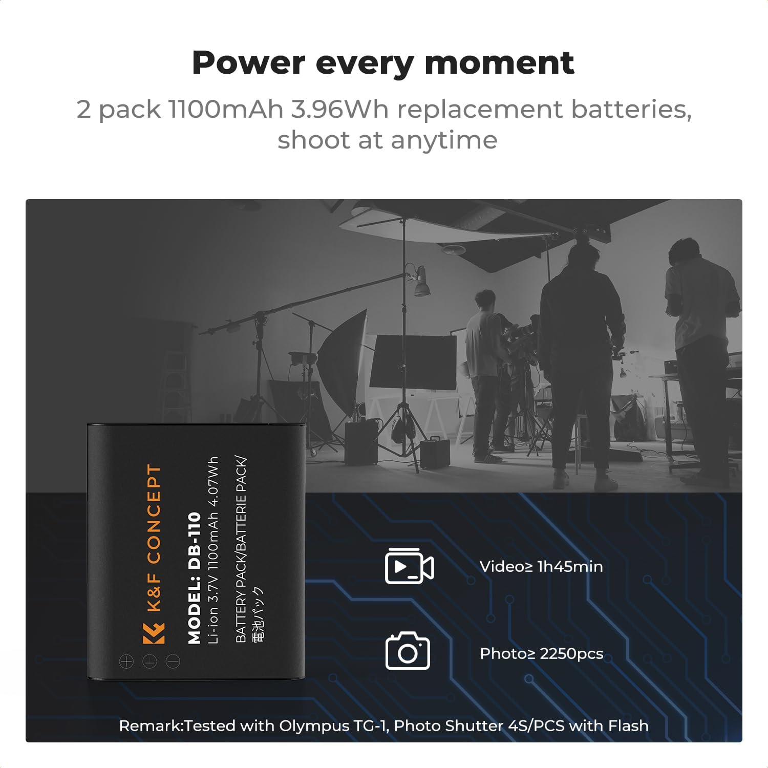 Thumbnail 1 de K&F CONCEPT 2er-Pack Ricoh DB-110 Akku (1100 mAh) mit Dual-Slot-Ladegerät und LCD