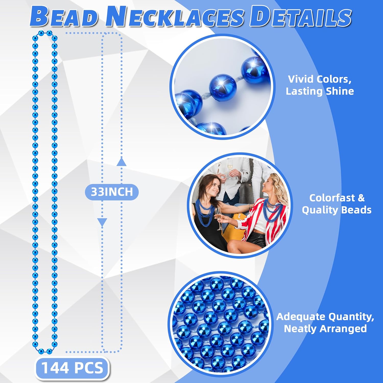 Detalle 2 de YAXINRUI 120 PCS Blue Bead Necklaces — 33-Inch Mardi Gras, Christmas & 4th of July Party Beads