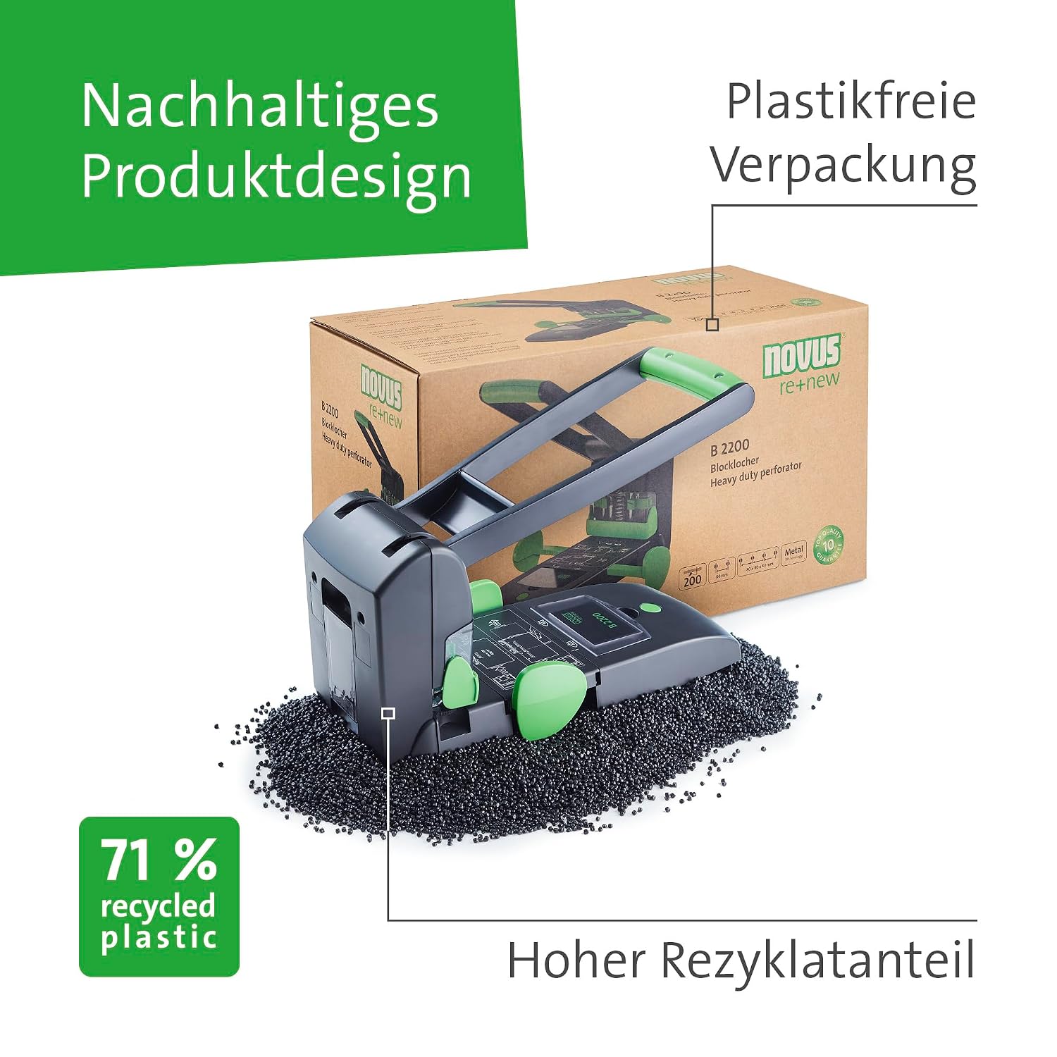 Detalle 2 de Novus B 2200 re+new nachhaltiger Blocklocher – 2- oder 4-fach Lochung, 200 Blatt