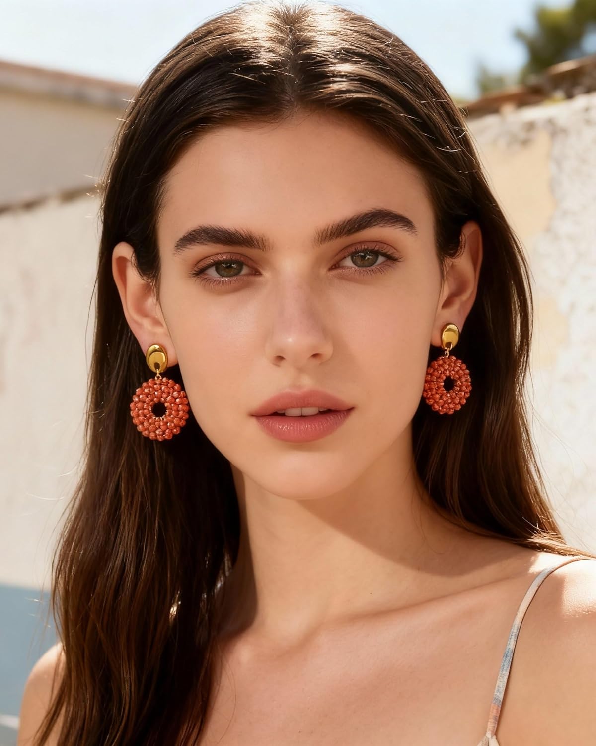 Detalle 2 de Boho Kristall Perlen Ohrringe – Leichte runde Statement-Ohrringe in Gold