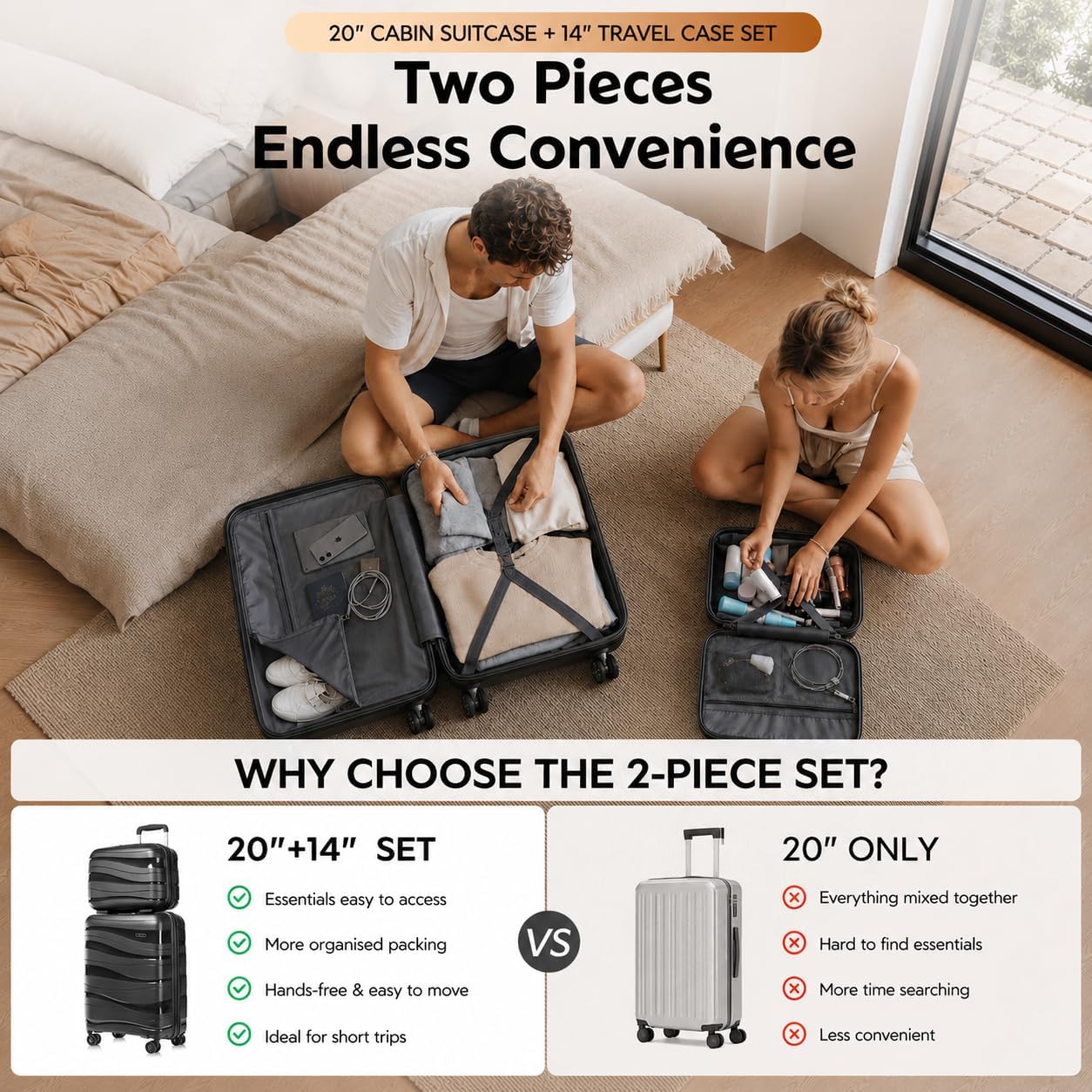Thumbnail 1 de Kono Suitcase Set of 2: Lightweight Cabin Suitcase & Travel Case (20in & 14in)