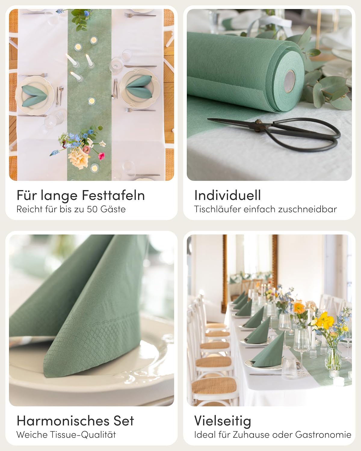 Thumbnail 4 de 100%Mosel Tischdeko-Set Eukalyptus Grün (25–50 Gäste) – Tischläufer & Tissue-Servietten für Taufe, Hochzeit & Co.