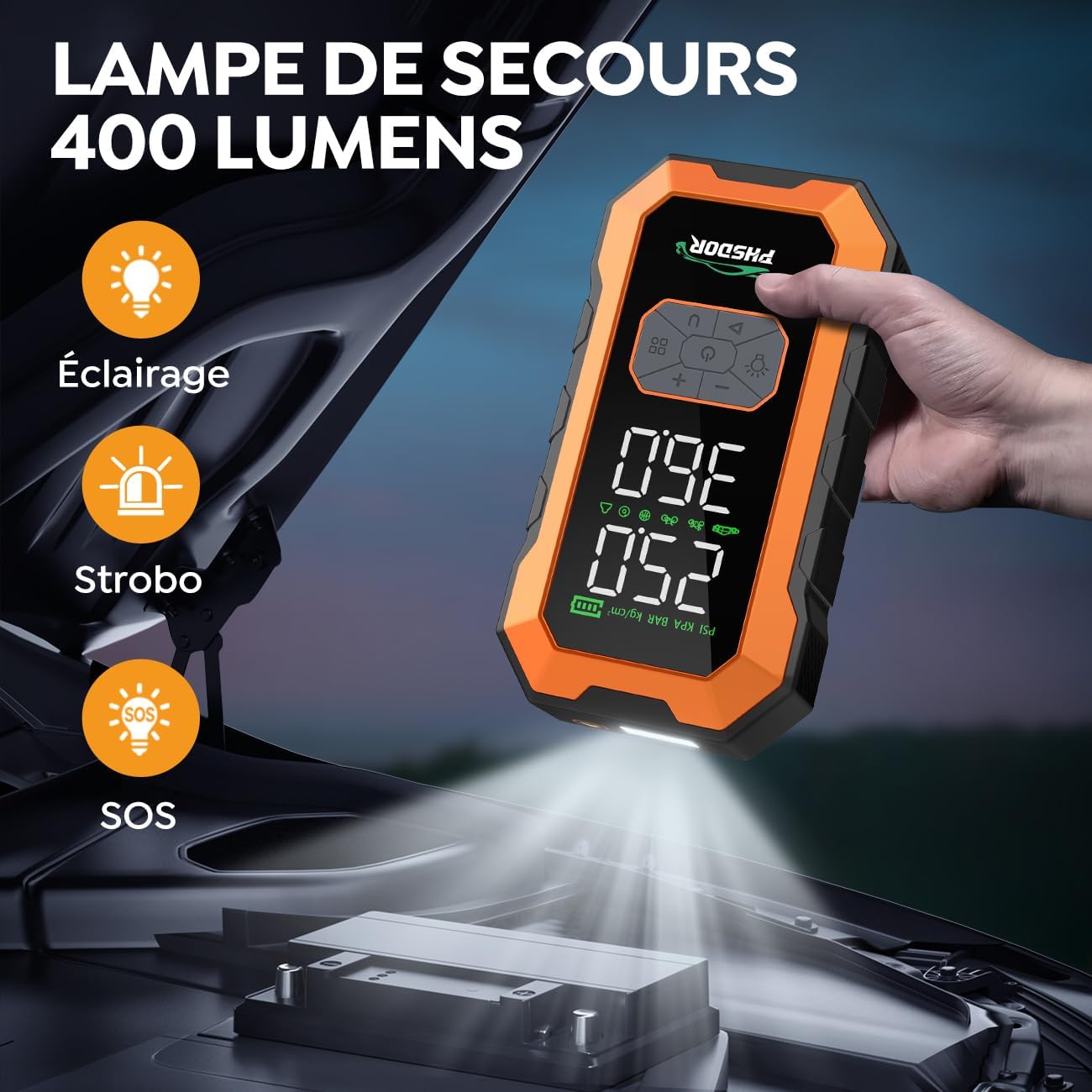 Detalle de Booster batterie voiture 8000A avec gonfleur 150 PSI, 25000 mAh et lampe LED 3 modes