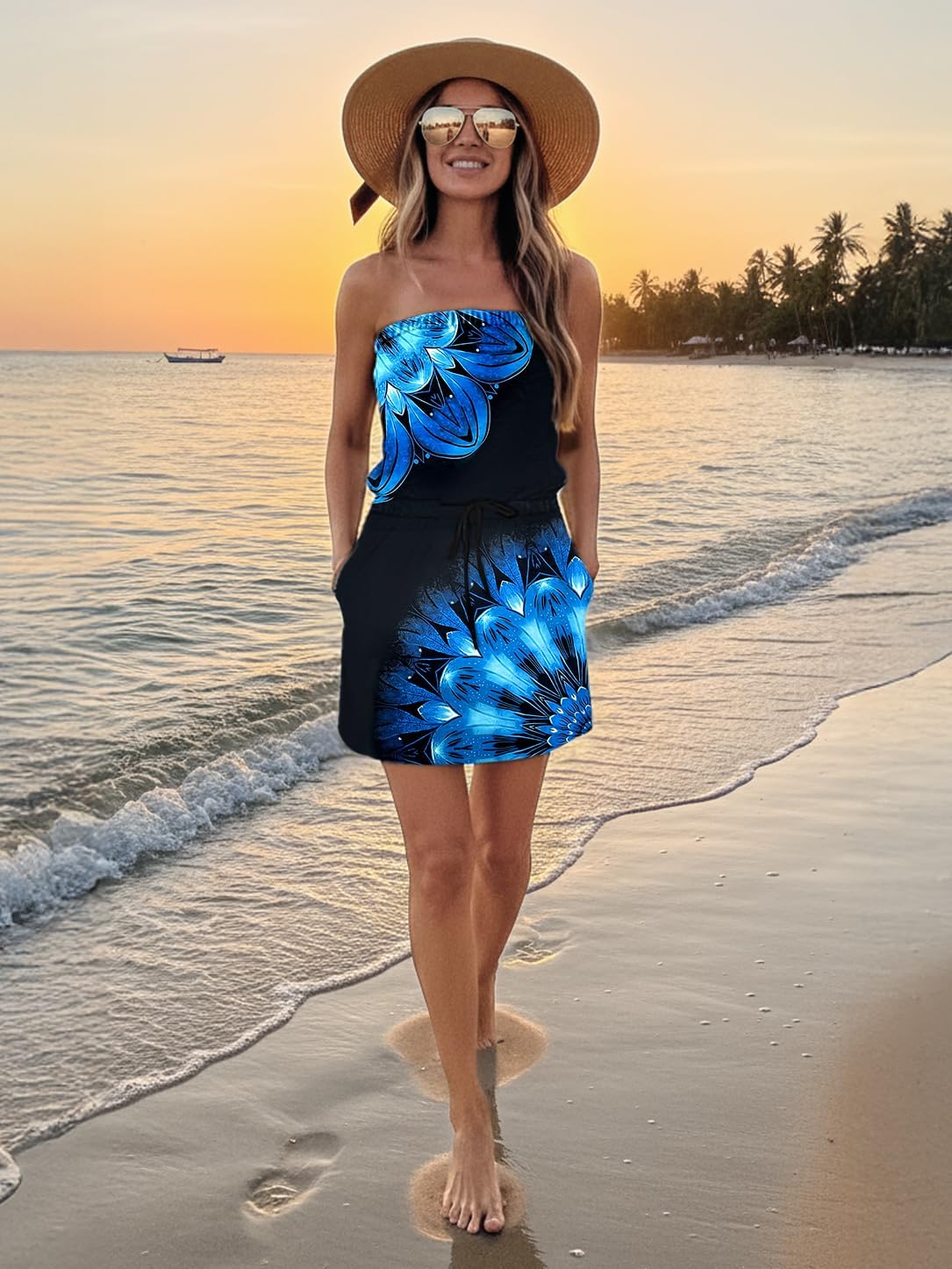 Detalle de Women’s Strapless Summer Dress Boho Beach Cover-Up Mini Dress with Drawstring Waist & Pockets