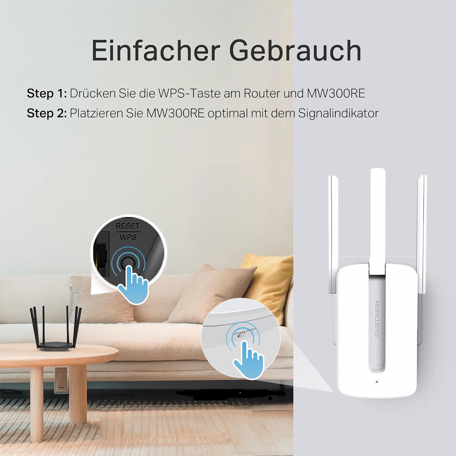 Detalle de Mercusys MW300RE WLAN-Verstärker-Repeater – 300 Mbps, 3 externe Antennen, Wandmontage