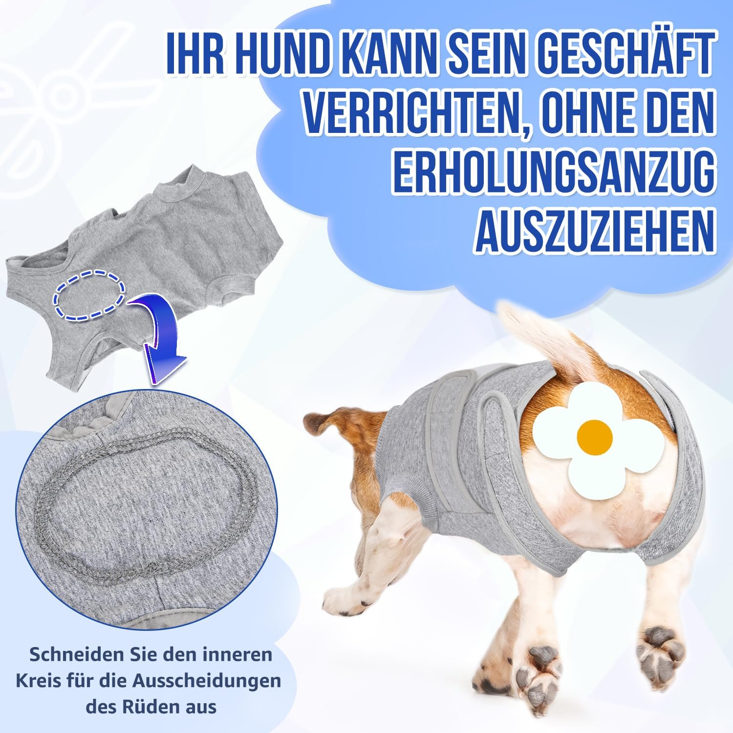 Detalle 2 de Eyein Hundebody nach OP – atmungsaktiver, weicher Einteiler mit Reißverschluss und Gürtel (Grau, XL)