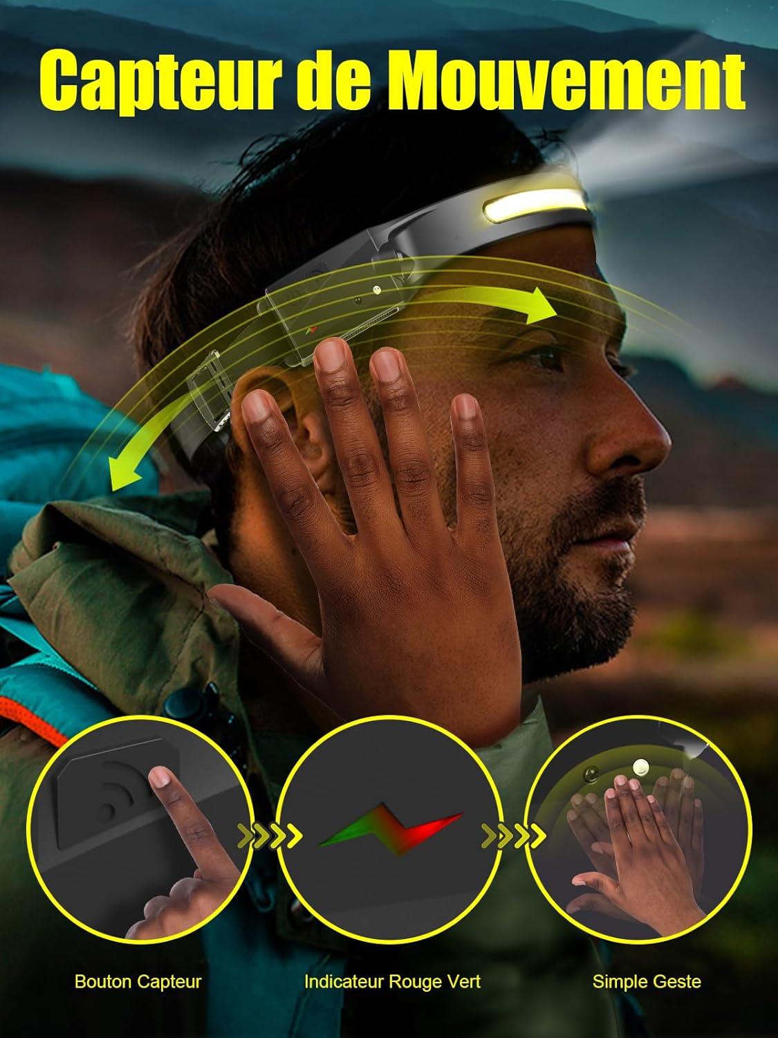 Detalle 2 de UNBON Lampe Frontale LED Ultra Puissante - USB-C, 5 modes, détection de mouvement, IPX4