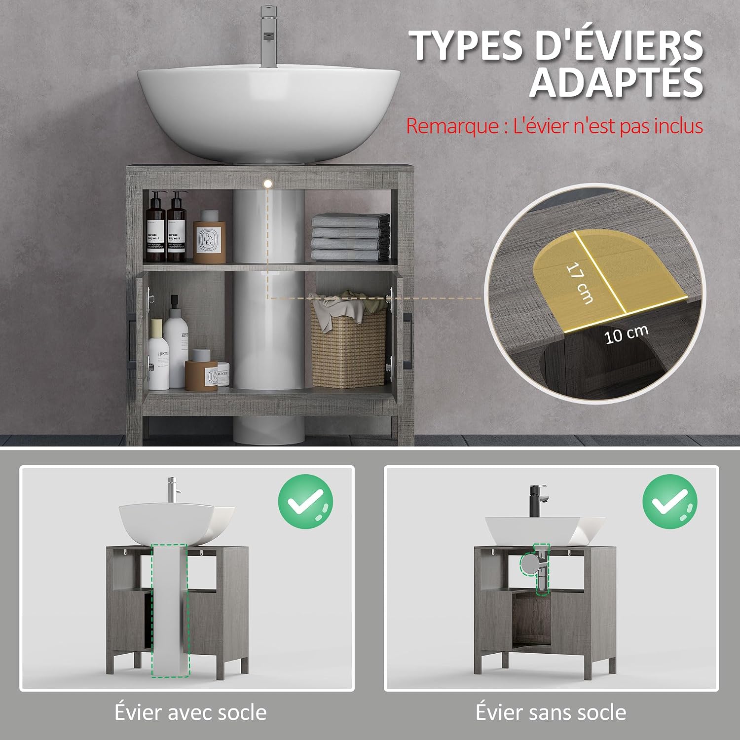Detalle de kleankin Meuble sous lavabo avec 2 portes et étagère 60 x 30 x 60 cm (gris)