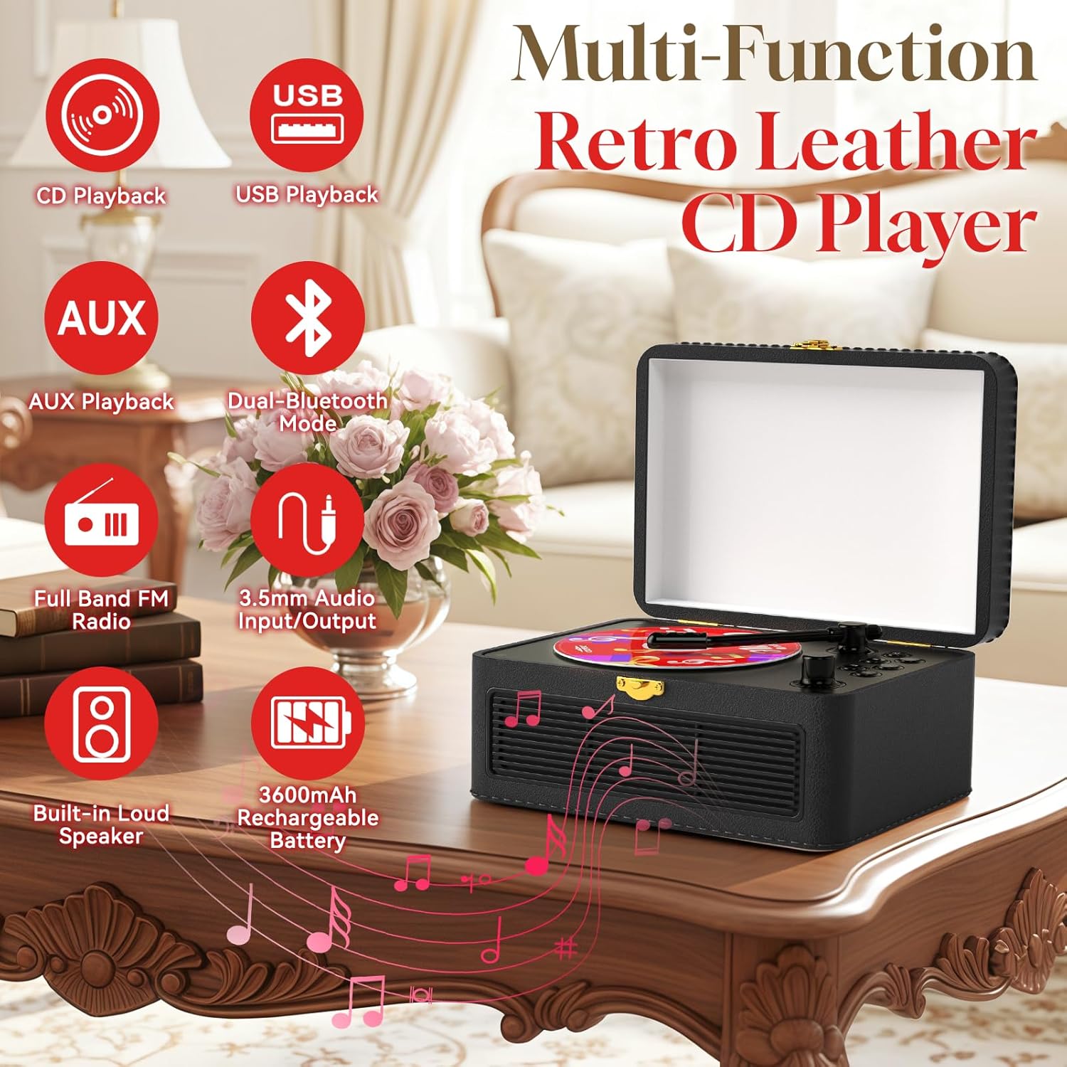 Thumbnail 1 de Gueray Lecteur CD Cuir Portable: lecteur CD vintage avec Bluetooth 5.2 et haut-parleurs 3600 mAh