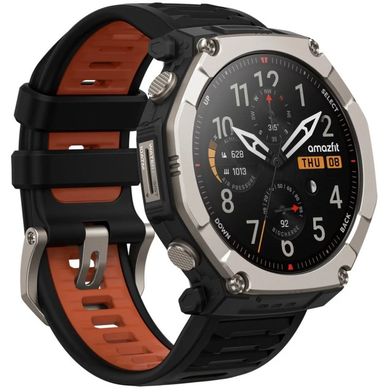 Detalle de Amazfit T-Rex Ultra 2: reloj deportivo de titanio para aventuras extremas con GPS, NFC y 10 ATM