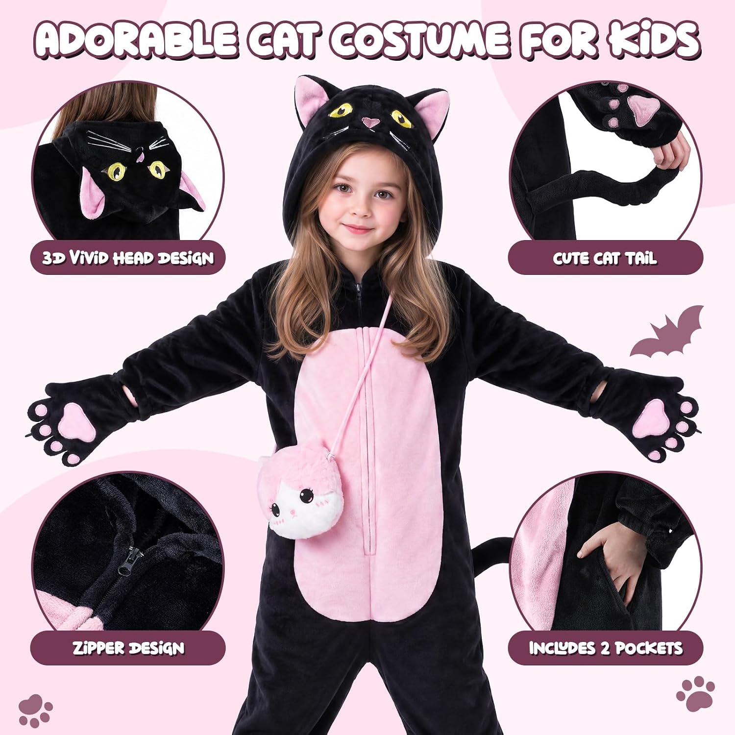 Detalle de Joycover Black Cat Costume for Girls, Flannel Onesie with Hood, Tail & Purse