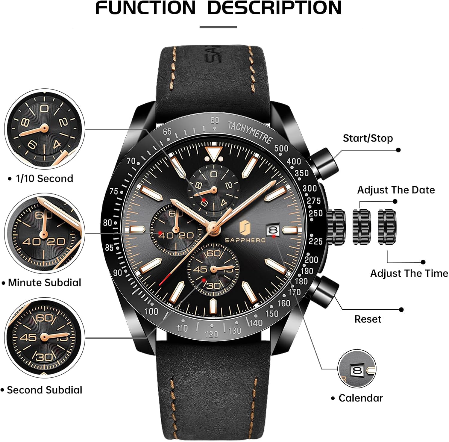 Thumbnail 6 de BENYAR Herrenuhr Analoger Quarz Chronograph – Klassisch elegant, 45 mm, Lederband, 30 m Wasserdicht