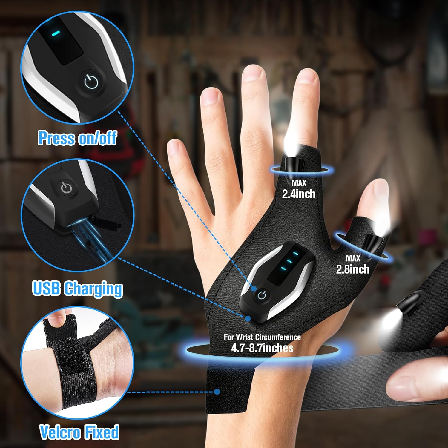 Thumbnail 3 de Hinshark LED Flashlight Gloves, Rechargeable Fingerless Work Lights
