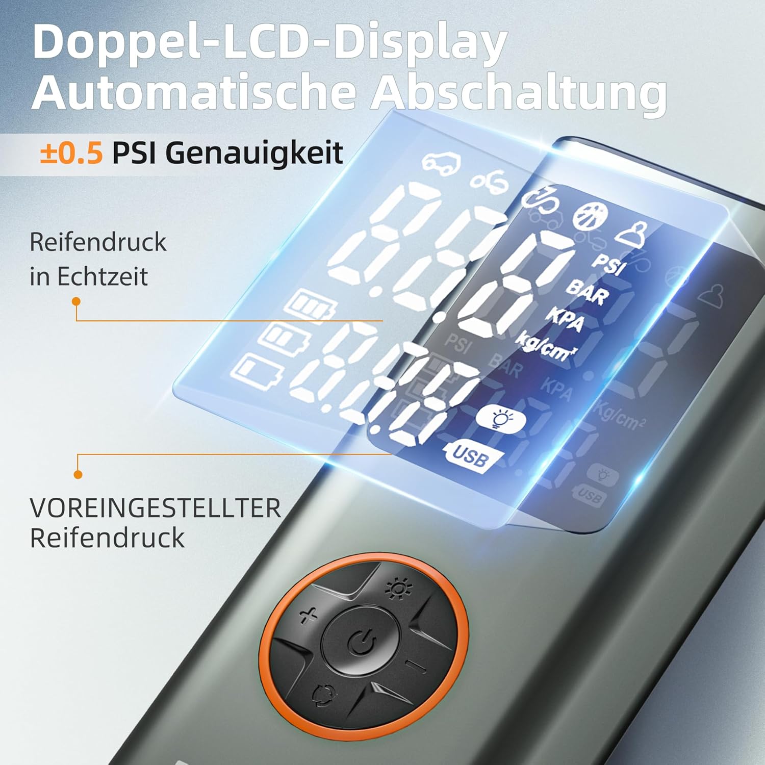 Detalle de DOINOW Kabellose Fahrradpumpe Elektrisch – 150 PSI, 4 voreingestellte Modi, LED-Licht, USB-C Powerbank