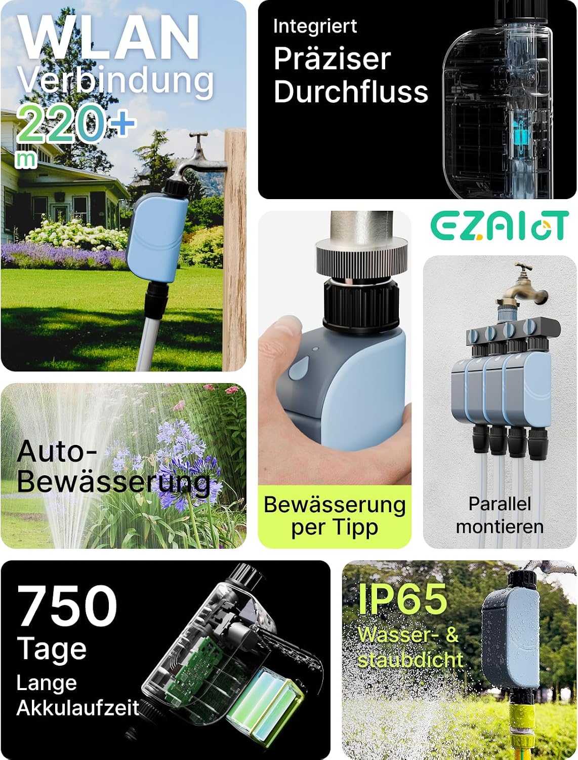 Detalle de EZAIoT Bewässerungscomputer WLAN mit Durchflussmesser – smarte App-Steuerung für Garten & Rasen
