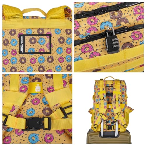 Detalle de Mochila Táctica 45L ELITRAINX – Cabina avión, Oxford 1000D impermeable, bolsillo para zapatillas y ordenador, Amarillo Donuts