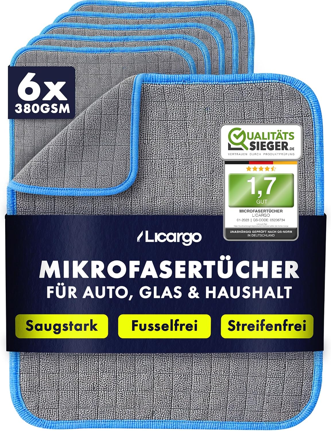 Detalle de LICARGO Lot de 6 chiffons en microfibre 380 g/m² 40 x 40 cm – Chiffons non pelucheux pour voiture, moto et maison