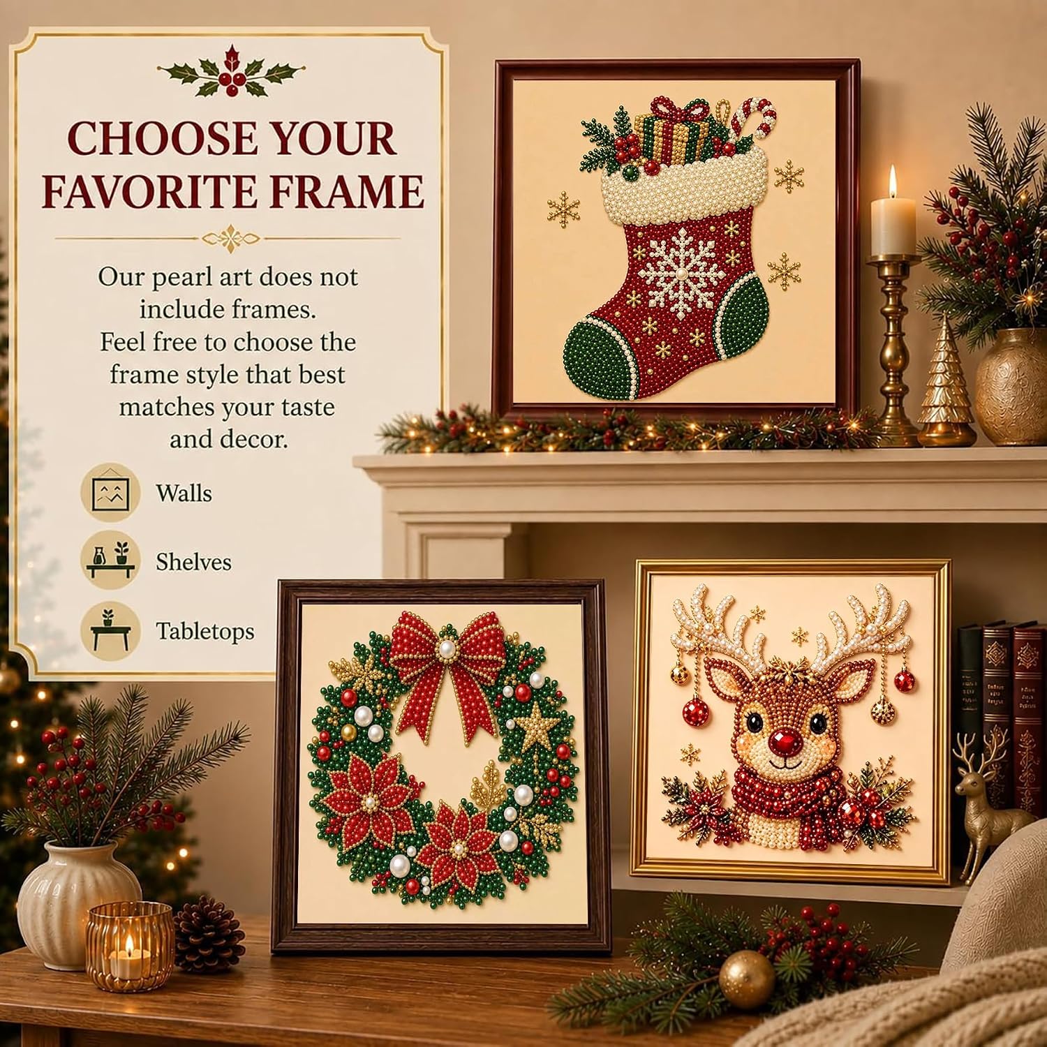 Detalle de Meothan Christmas Pearl Diamond Art Kit, Framed 10 x 10-Inch Wreath