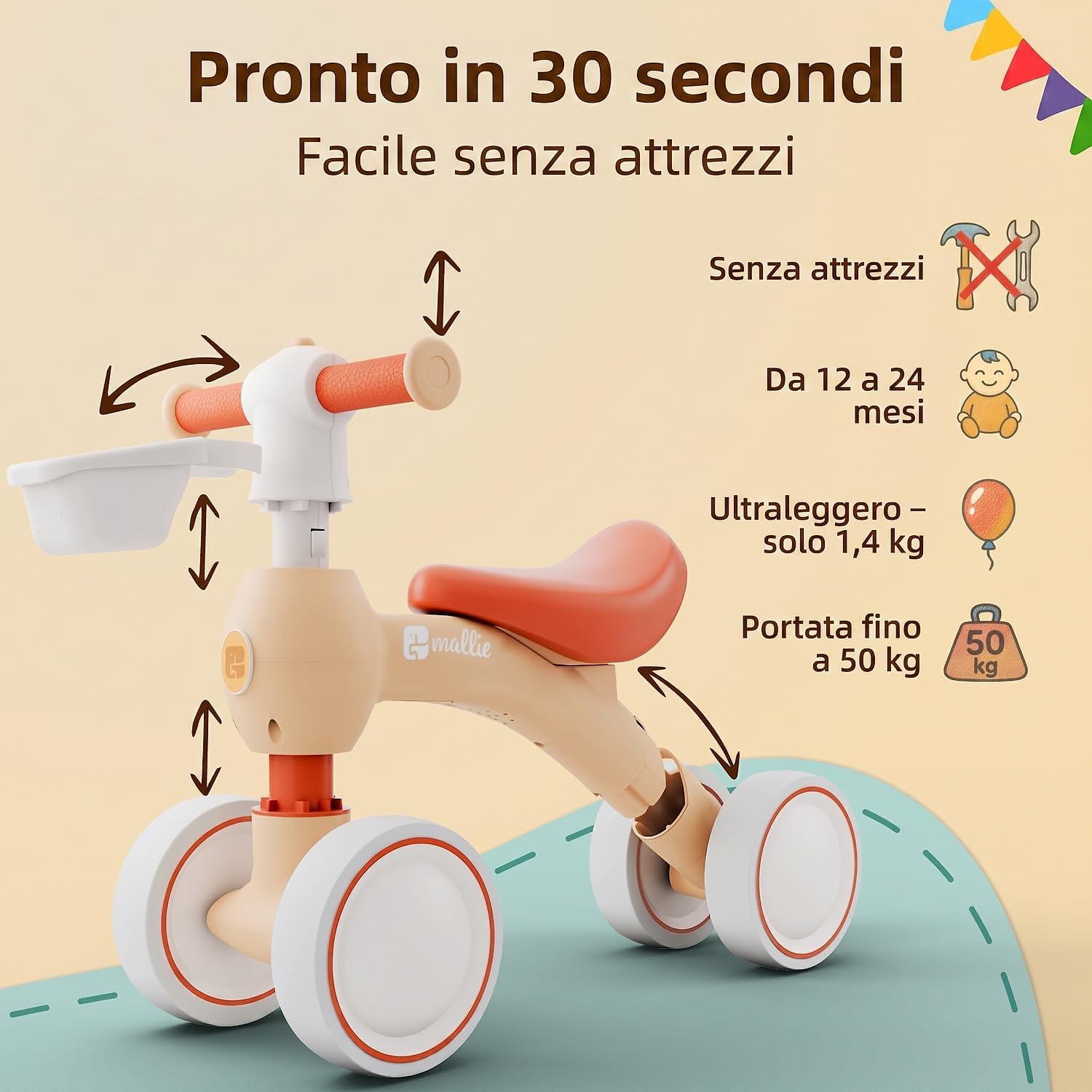 Detalle de Mallie® Bicicletta Senza Pedali con cestino – balance bike per bimbi 1–2 anni