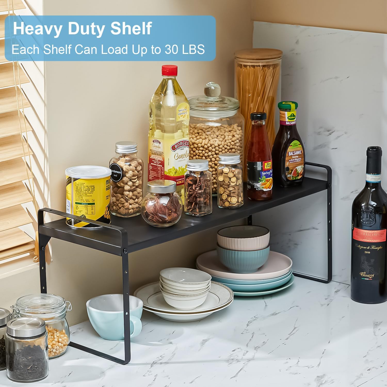 Detalle de 15.5–25.5 Inch Adjustable Kitchen Cabinet Shelf Organizers (Set of 3) — Expandable, Stackable Countertop Storage Shelves, 30LBS Heavy Duty