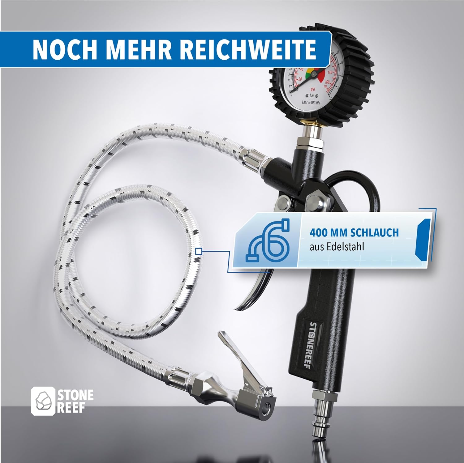 Thumbnail 4 de Reifenfüller mit drehbarem Manometer (inkl. Adapter & Ersatzkappen) – Reifendruckfüller für Kompressor, Auto und Fahrrad