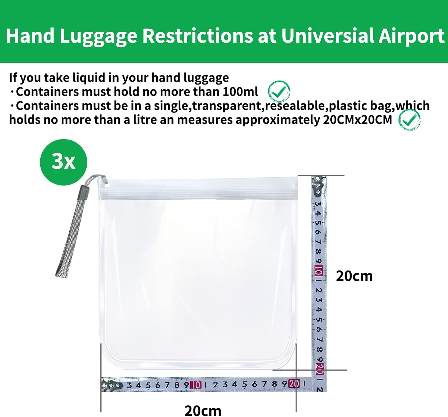 Detalle de 3PCS Clear Travel Toiletry Bags (20x20cm) – 100% Airport Security Compliant, Leakproof & Reusable