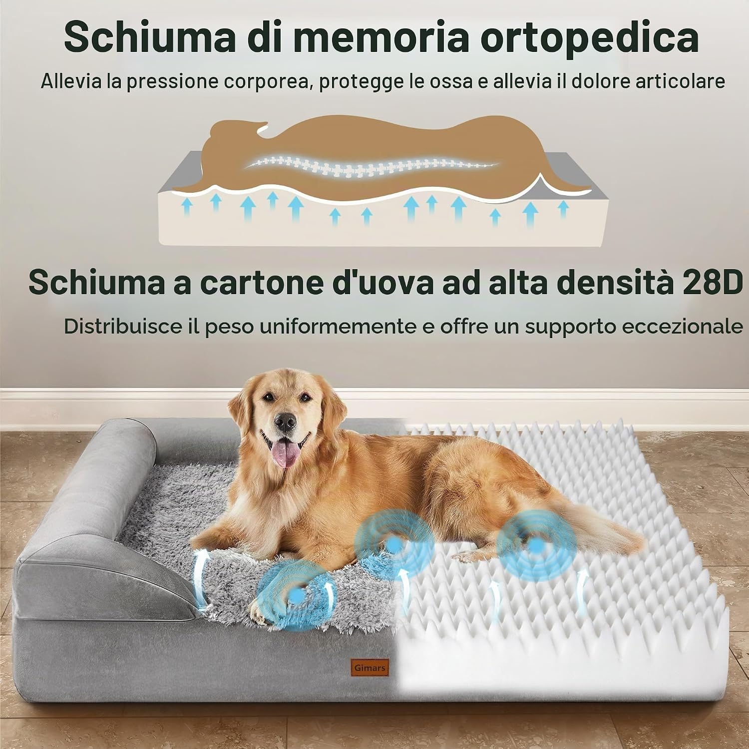 Detalle de Gimars Letto ortopedico per cani di taglia grande con memory foam a uovo 28D – lavabile e impermeabile