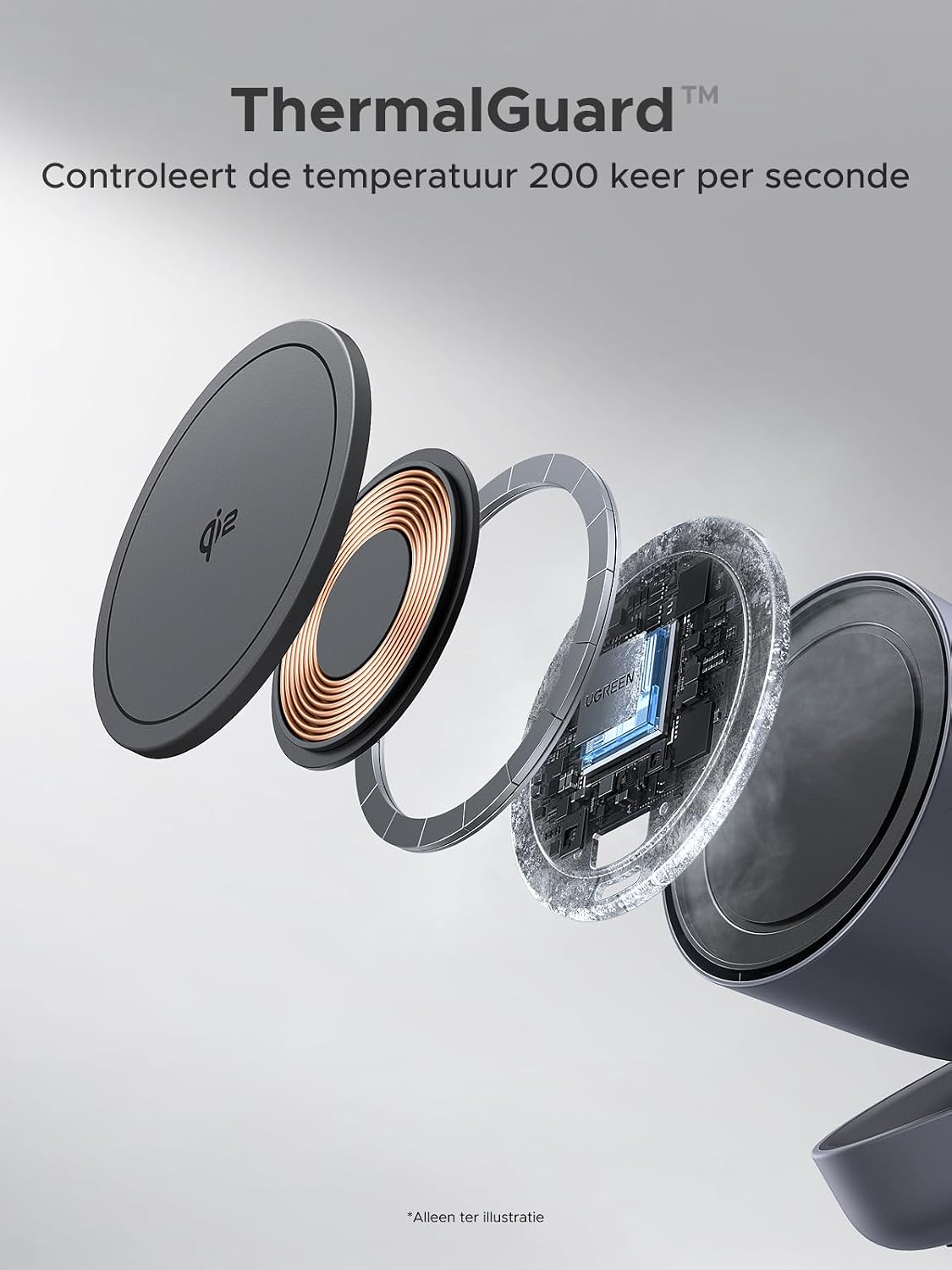 Detalle de UGREEN Zapix 2-in-1 15W Qi2-oplaadstation met vaste kijkhoek