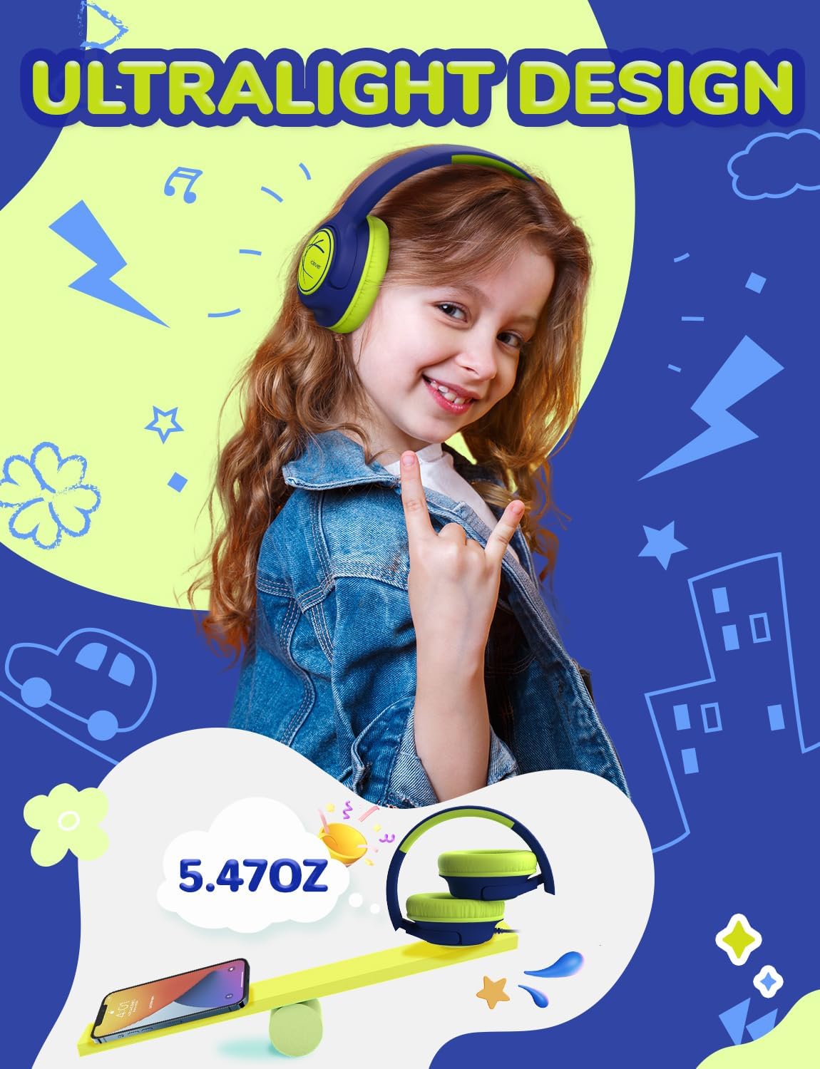 Thumbnail 4 de iClever Kinderkopfhörer mit Kabel (85 dBA) – faltbar, Stereo-Sound, 3,5-mm für iPad & Tablets, Blau-Grün