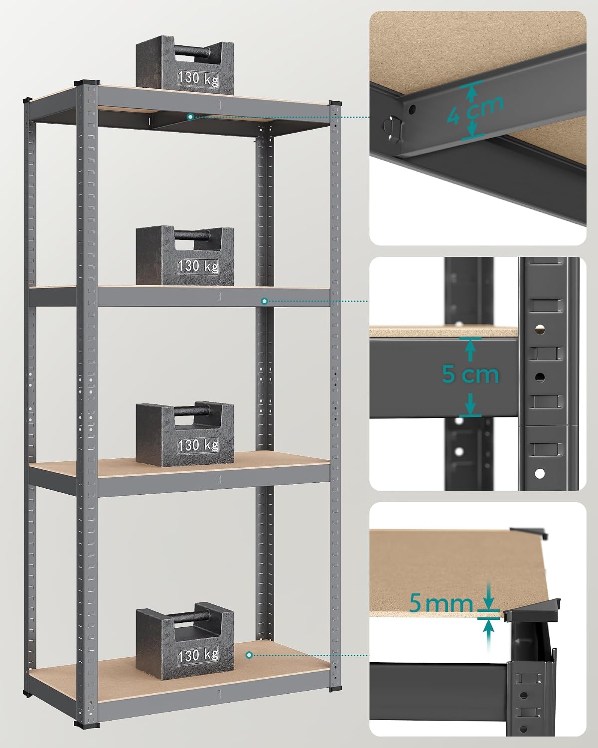 Detalle de SONGMICS GLR044G01 förvaringshylla, delbar med 4 hyllplan och 520 kg kapacitet