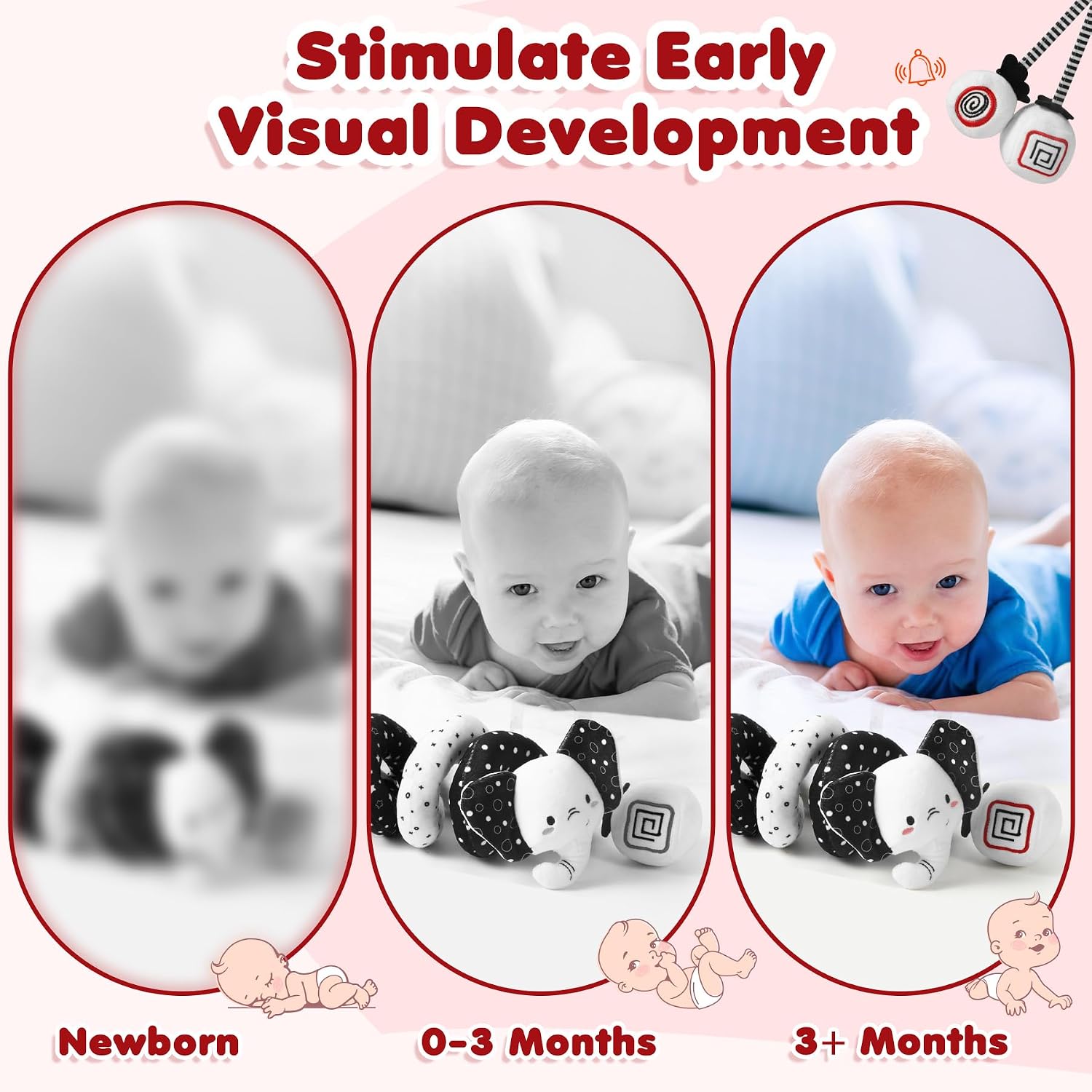 Detalle 2 de URMYWO Spiral Pram Toy for Newborns (0–12 Months) – Black & White High-Contrast Rattles with Giraffe & Hedgehog