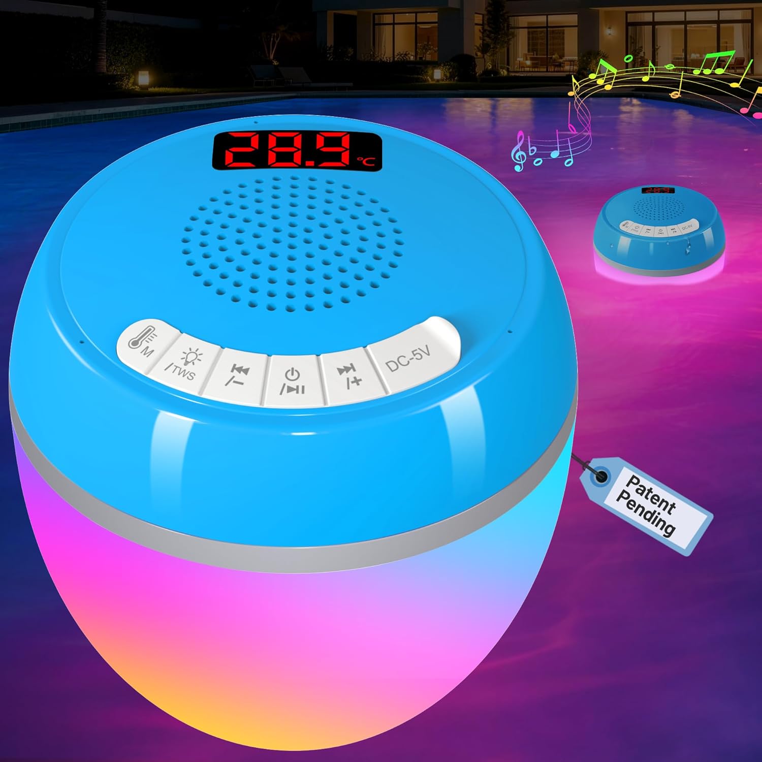 Detalle de AearKing 3 en 1 Enceinte Bluetooth Piscine: Thermomètre Numérique, Lumière Ambiance et Son Stéréo IP68