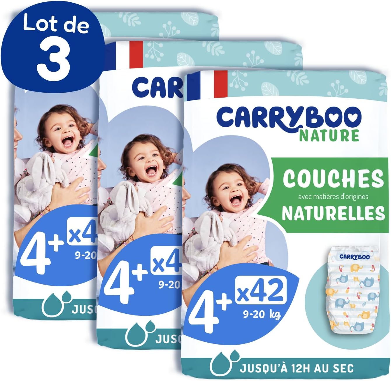 Thumbnail 1 de CARRYBOO Couches taille 4+ (9-20 kg) peaux sensibles – pack 1 mois, 12h anti-fuites, fabriquées en France