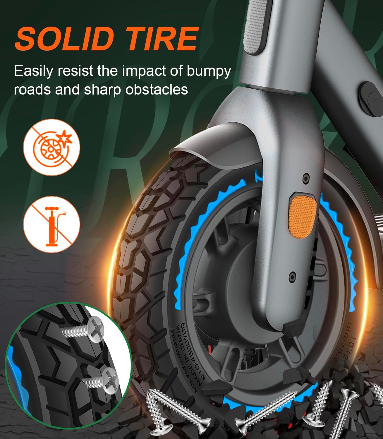 Detalle de BANGTING 2PCS 60/70-6.5 E Scooter Reifen Tubeless – Vollgummi 10x2.50, pannensicher (Blau) für Ninebot G30-Serie und Xiaomi 5/5 Pro/5 Max