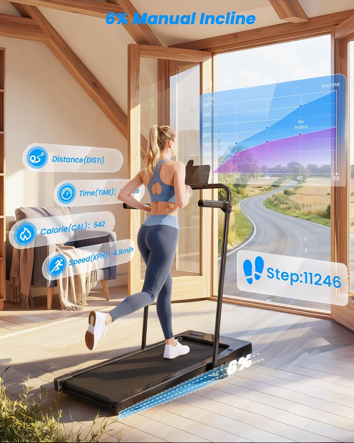 Detalle 1 de Lacuffy BA09-F6 Walking Pad Treadmill with 6% Incline and Detachable Handlebars