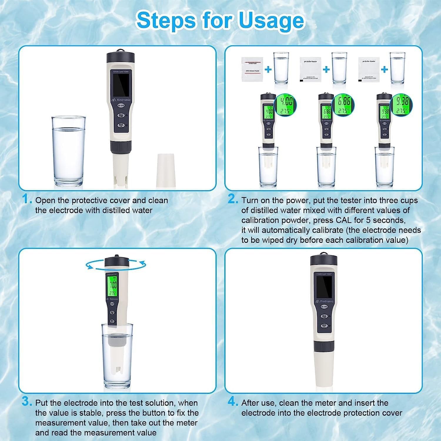 Detalle de flintronic 4-in-1 pH/TDS/EC Messgerät mit Hintergrundbeleuchtung – PH Messgerät für Pool, Trinkwasser & Aquarium