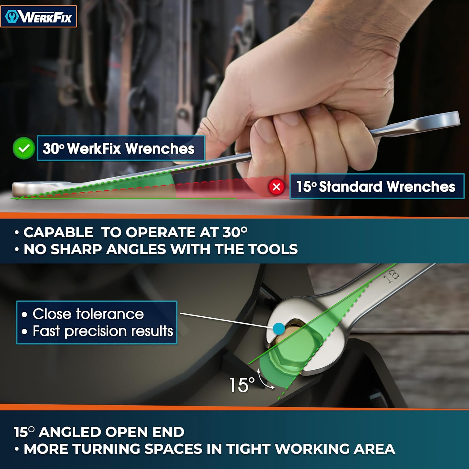 Thumbnail 6 de S&R Werkfix Professional Metric Combination Spanner Set (15 pcs) 6–21 mm with Thin Ring Profile & Roll-Up Bag