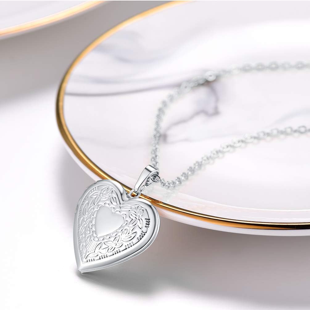 Detalle de PROSTEEL collana con medaglione portafoto cuore fiore in acciaio inox 316L, catena regolabile (argento) – confezione regalo