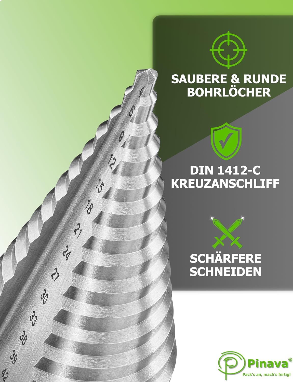 Detalle 2 de Pinava® HSS Stufenbohrer Ø4–42 mm (14 Stufen) – Kegelbohrer für Metall, Holz & Kunststoff