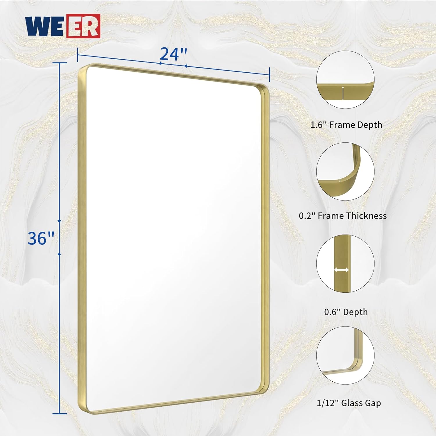 Detalle 2 de WEER Gold Bathroom Mirror, 24x36 Inch Brushed Gold Frame with Rounded Corners
