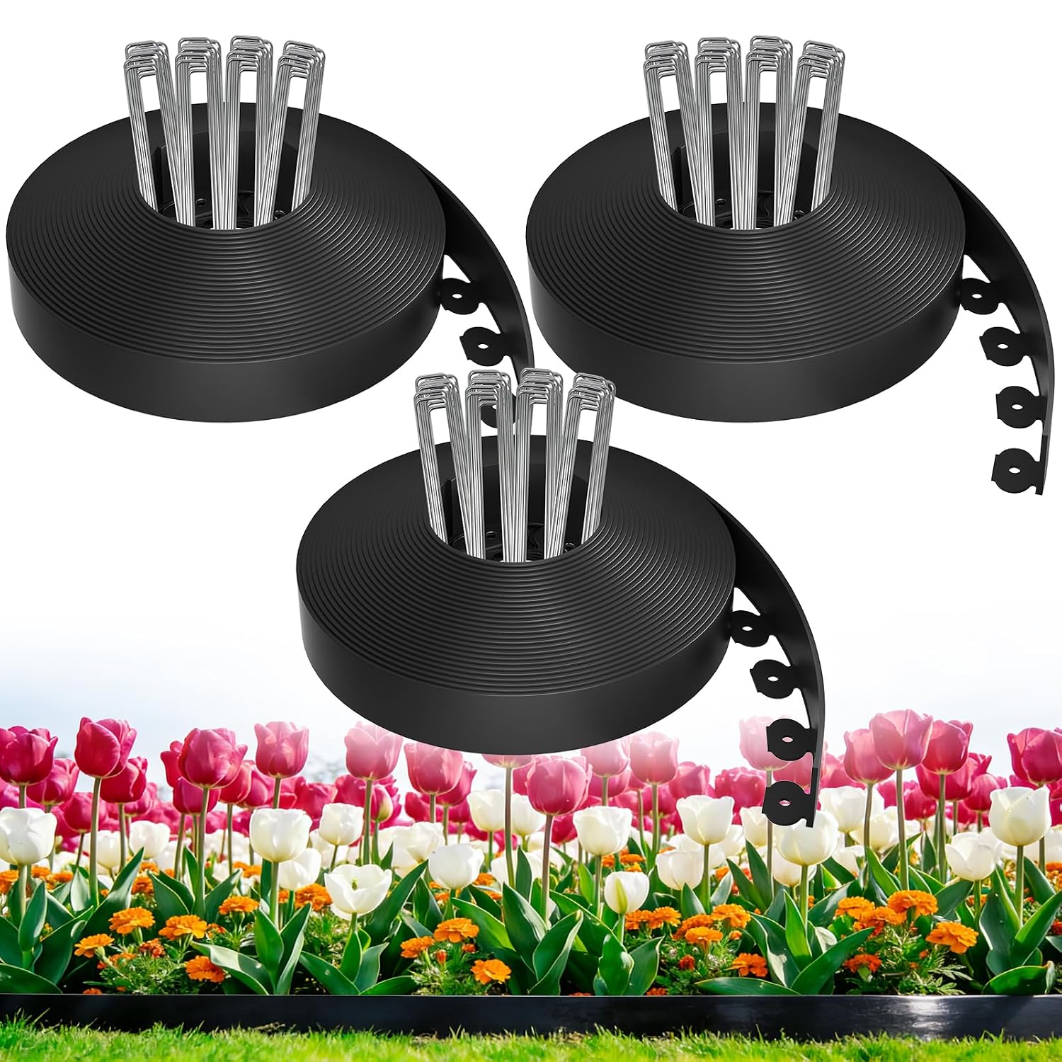Detalle de MIXC XK12822 Landscape Edging Kit, 1.5-Inch Black Plastic Border with 300 Spikes